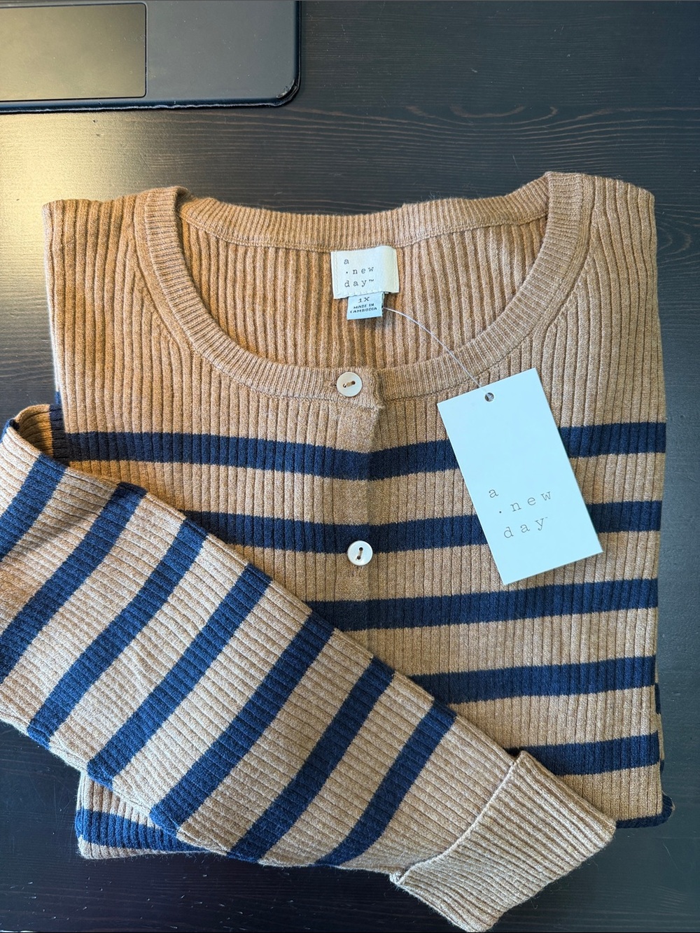 a new day 1X Tan and Navy Striped Ribbed Button Cardigan #785